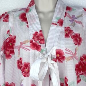 Vintage Seersucker Summer Kimono White Pink Orchids Cotton‎